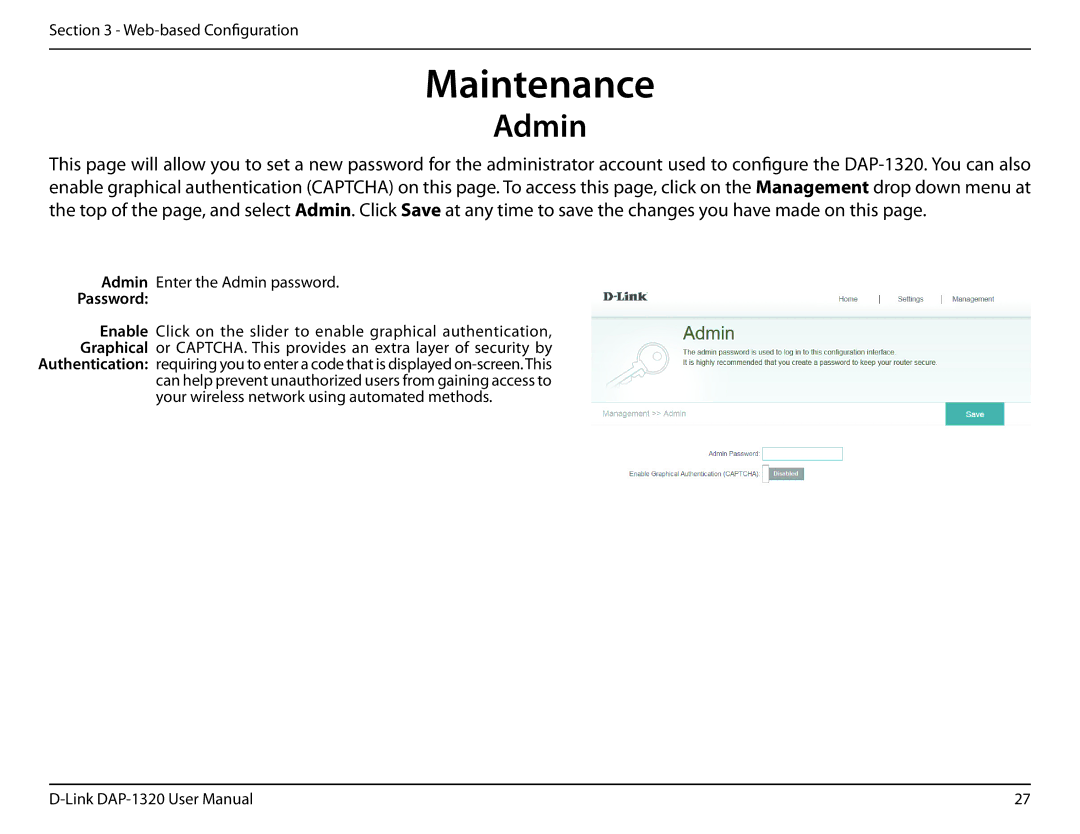 D-Link dap-1320 user manual Maintenance, Admin, Password 