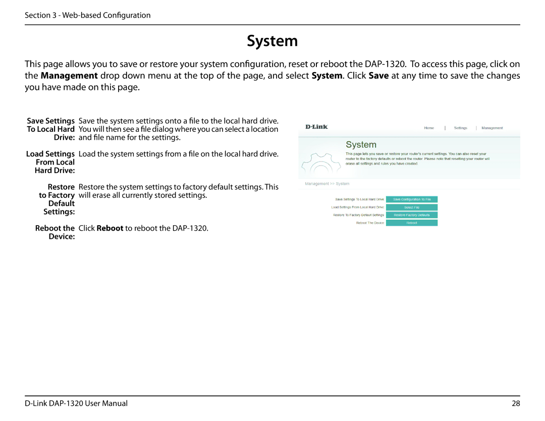 D-Link dap-1320 user manual System, From Local Hard Drive, Default Settings, Device 