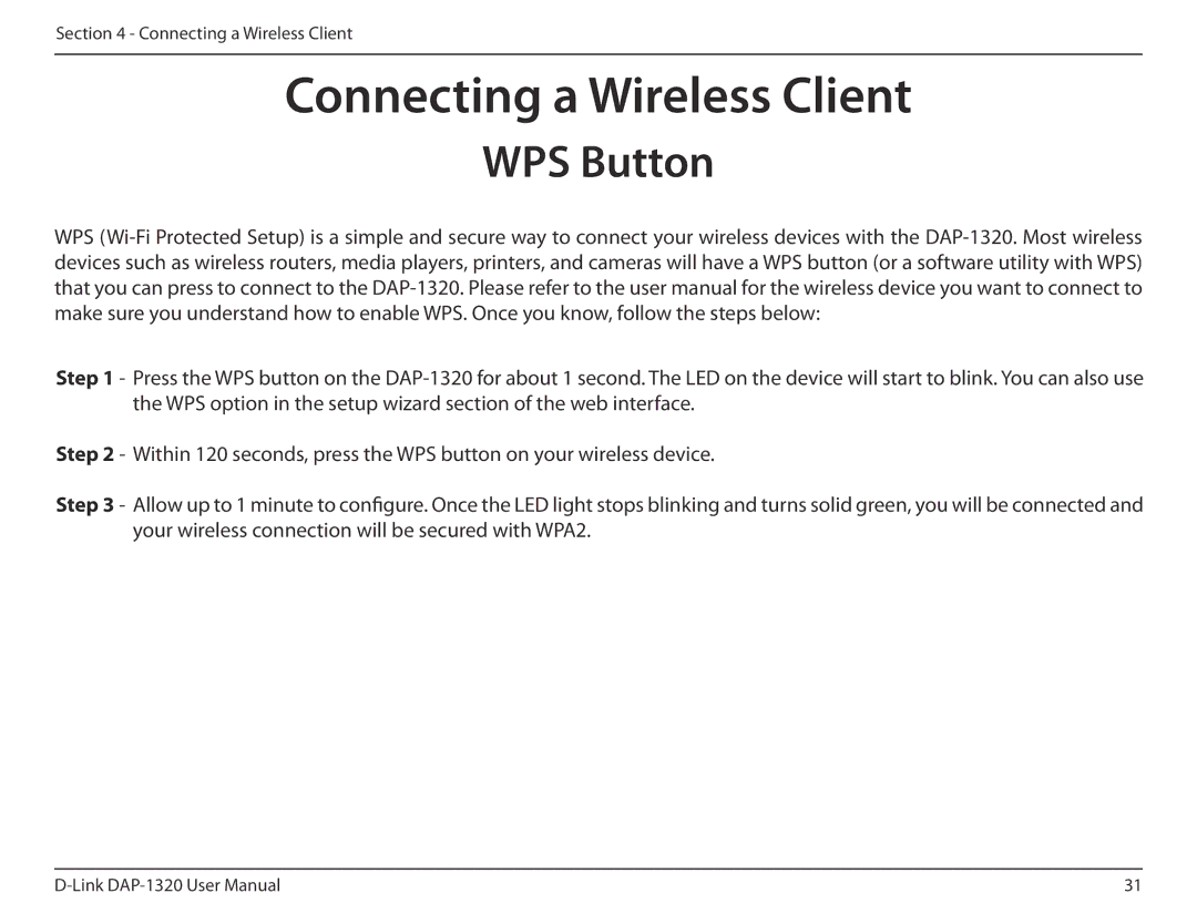 D-Link dap-1320 user manual Connecting a Wireless Client, WPS Button 