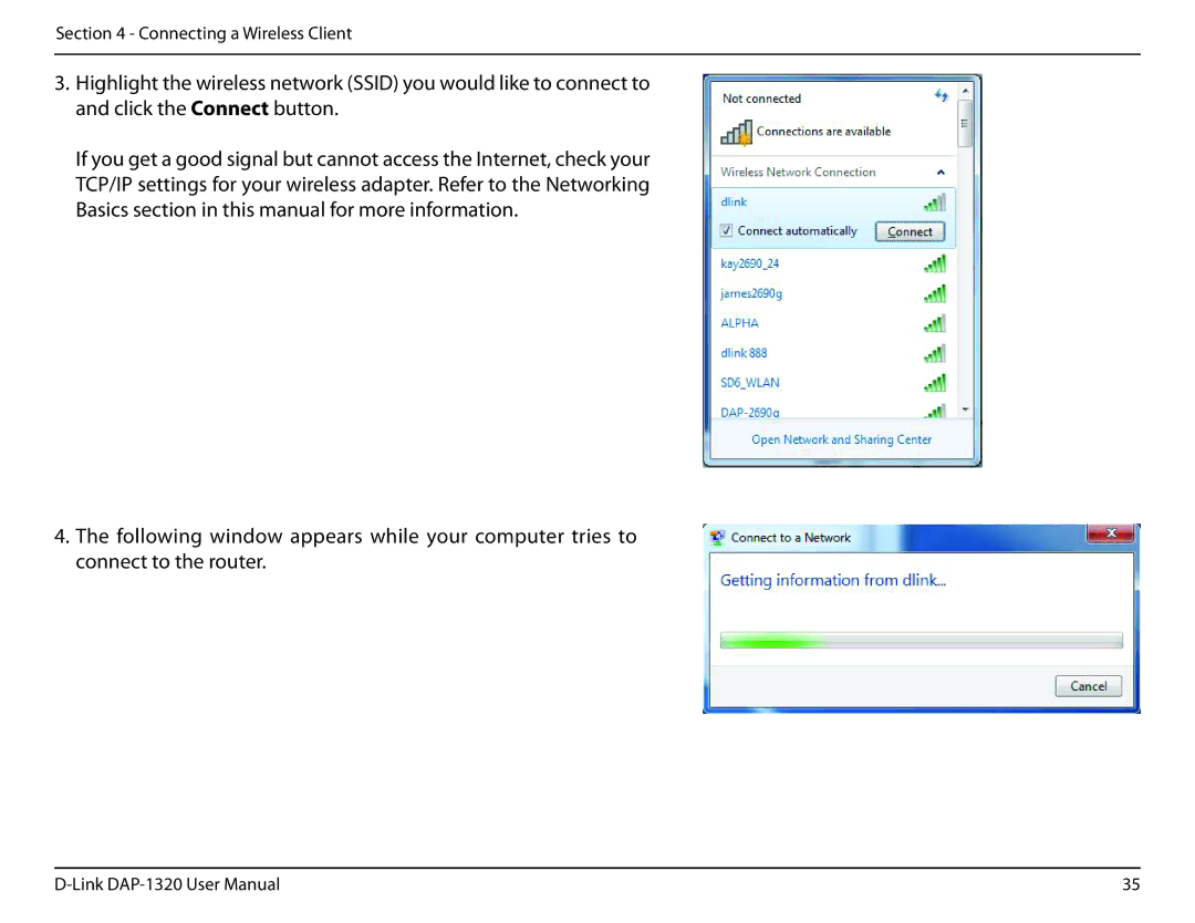 D-Link dap-1320 user manual Connecting a Wireless Client 