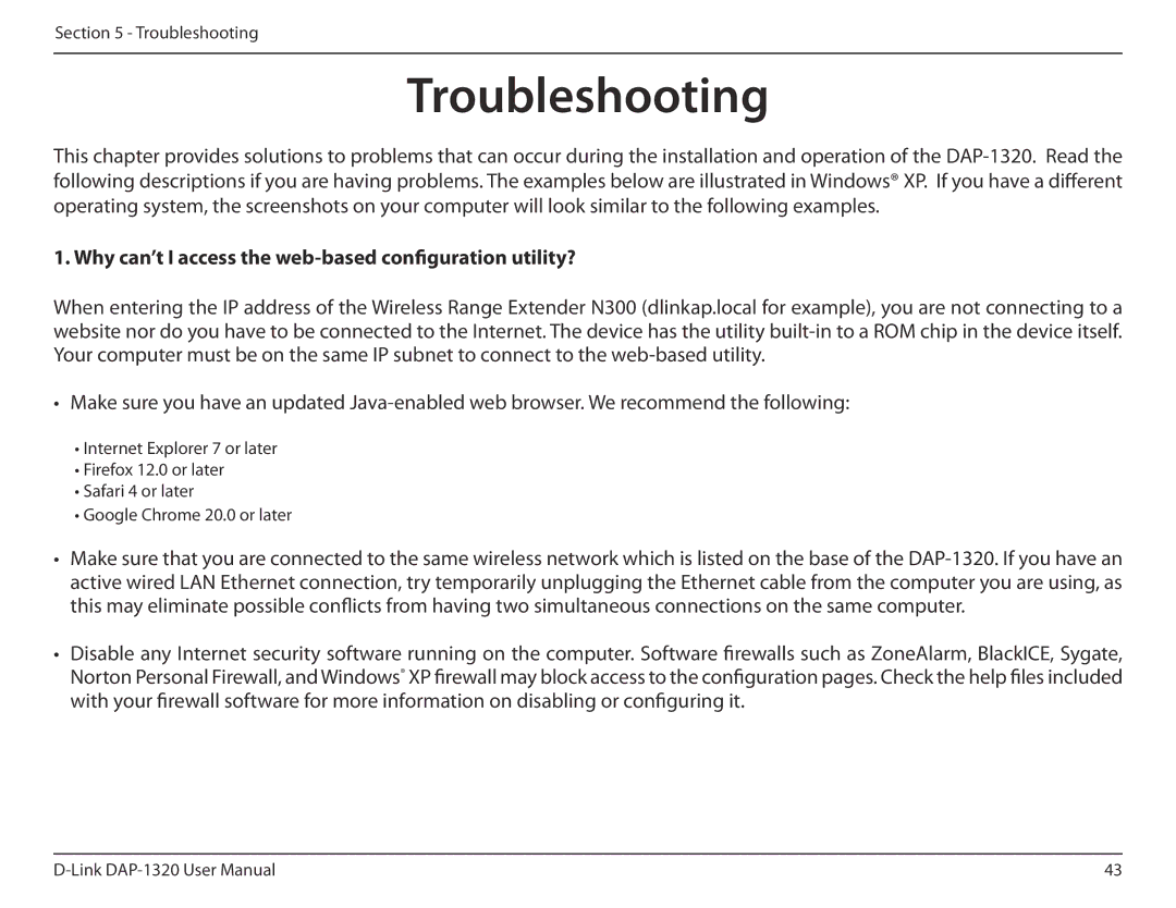 D-Link dap-1320 user manual Troubleshooting, Why can’t I access the web-based configuration utility? 