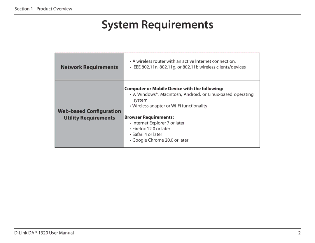 D-Link dap-1320 user manual System Requirements, Computer or Mobile Device with the following, Browser Requirements 