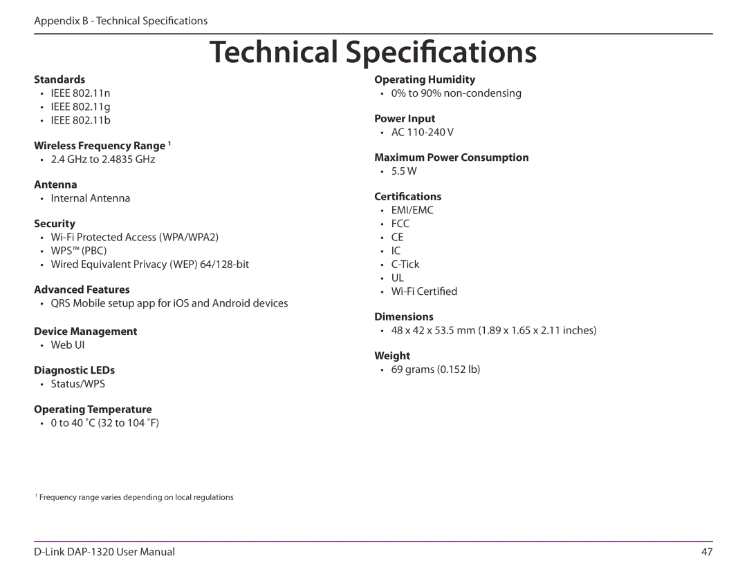 D-Link dap-1320 user manual Technical Specifications 