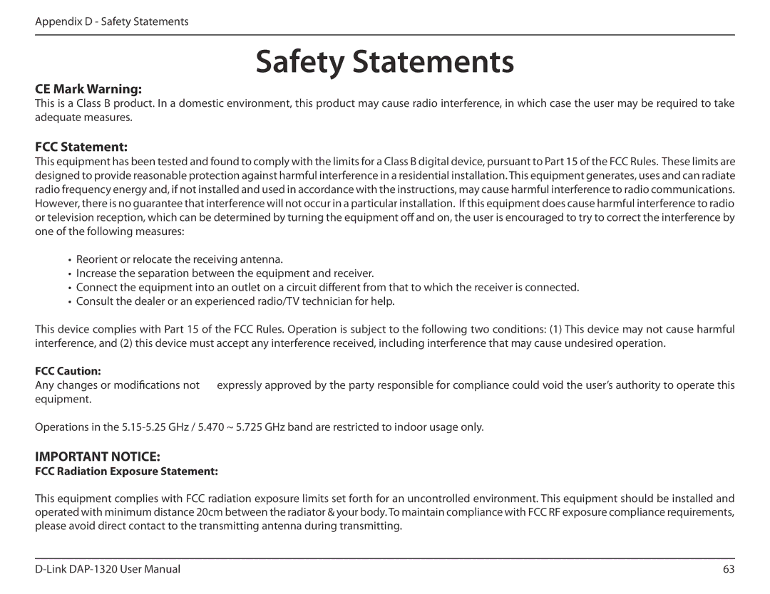 D-Link dap-1320 Safety Statements, CE Mark Warning, FCC Statement, FCC Caution, FCC Radiation Exposure Statement 