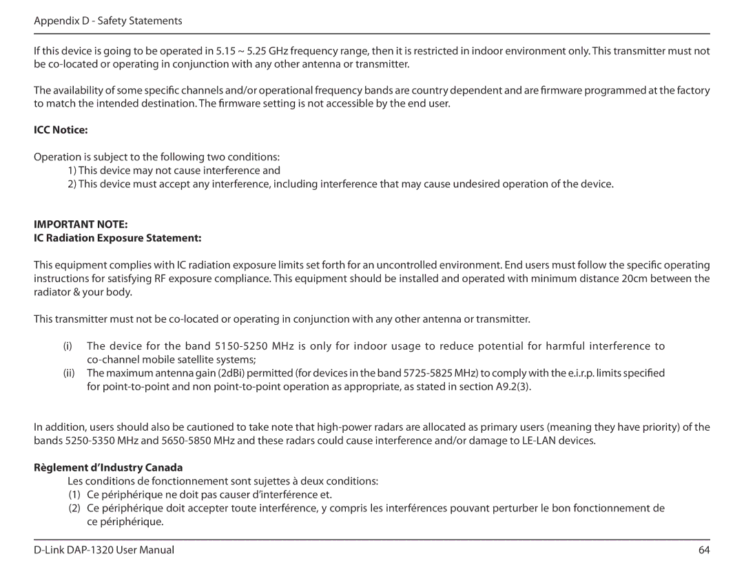 D-Link dap-1320 user manual ICC Notice, IC Radiation Exposure Statement, Règlement d’Industry Canada 