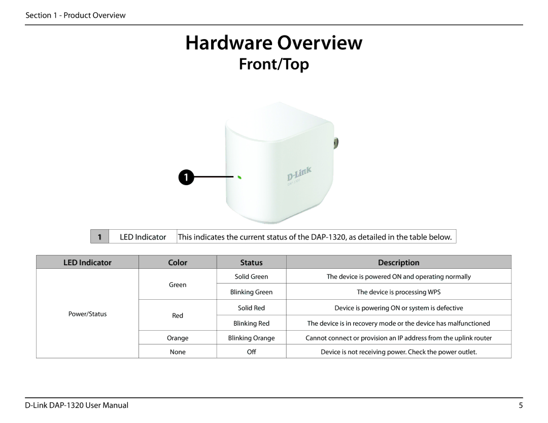 D-Link dap-1320 user manual Hardware Overview, Front/Top, LED Indicator Color Status Description 