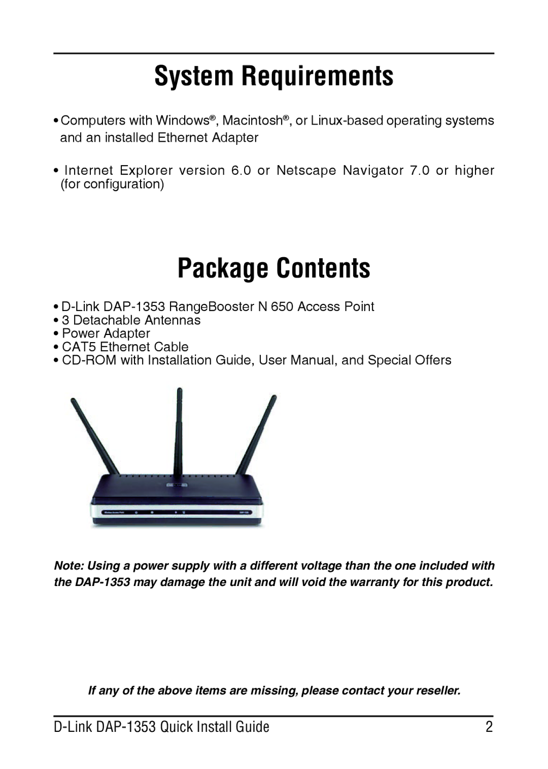 D-Link DAP-1353 manual System Requirements, Package Contents 