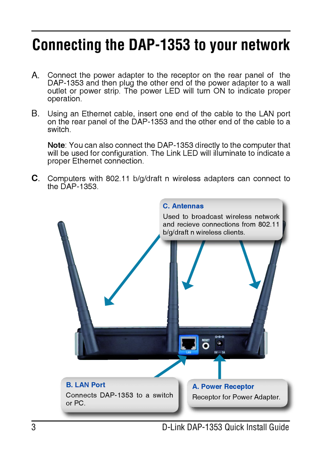 D-Link manual Connecting the DAP-1353 to your network, Antennas 