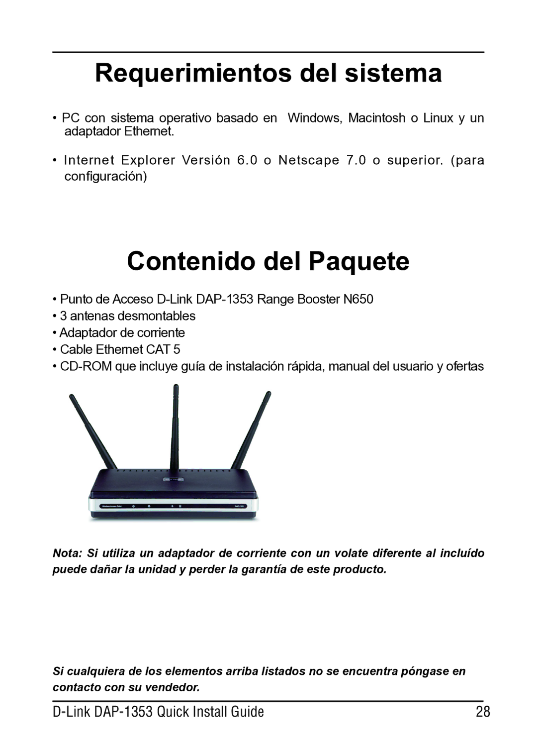 D-Link DAP-1353 manual Requerimientos del sistema, Contenido del Paquete 