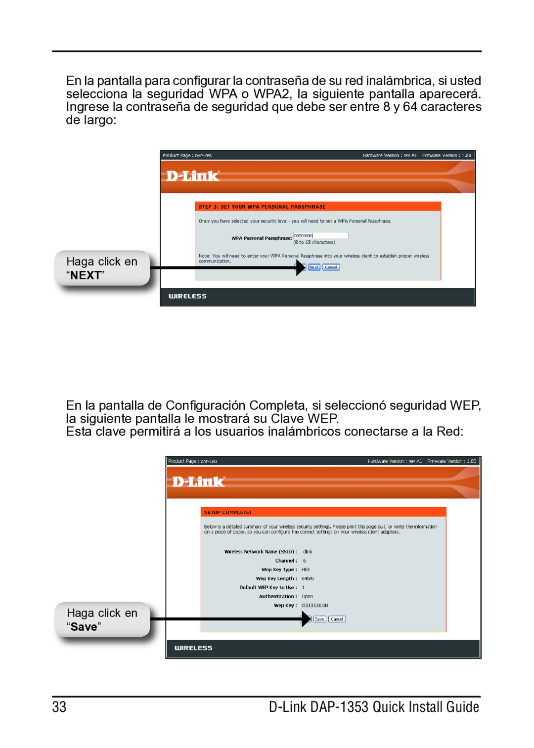 D-Link manual Haga click en Save Link DAP-1353 Quick Install Guide 