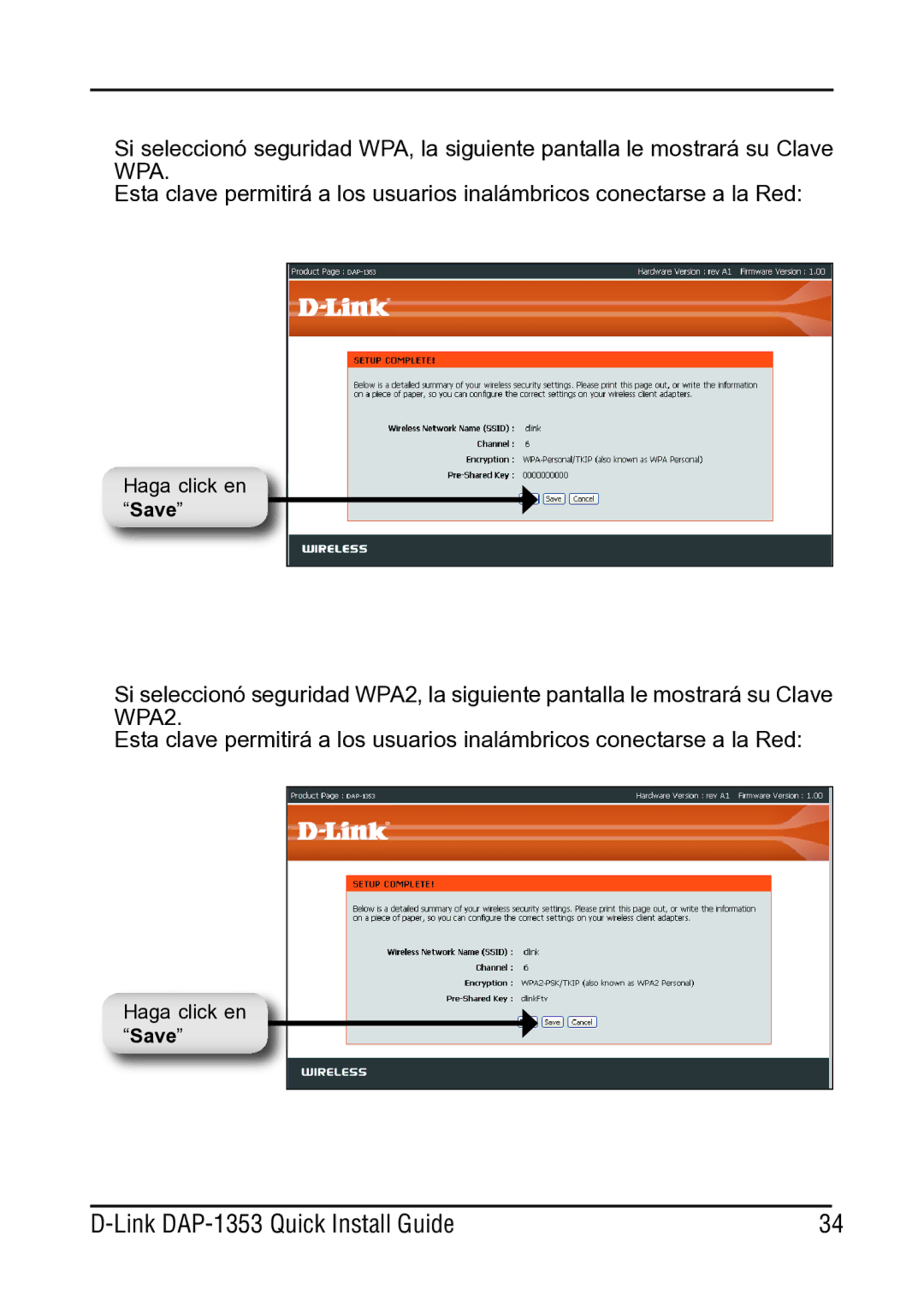 D-Link DAP-1353 manual Haga click en Save 