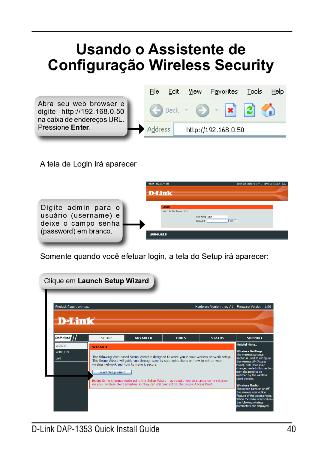 D-Link DAP-1353 manual Usando o Assistente de Configuração Wireless Security 