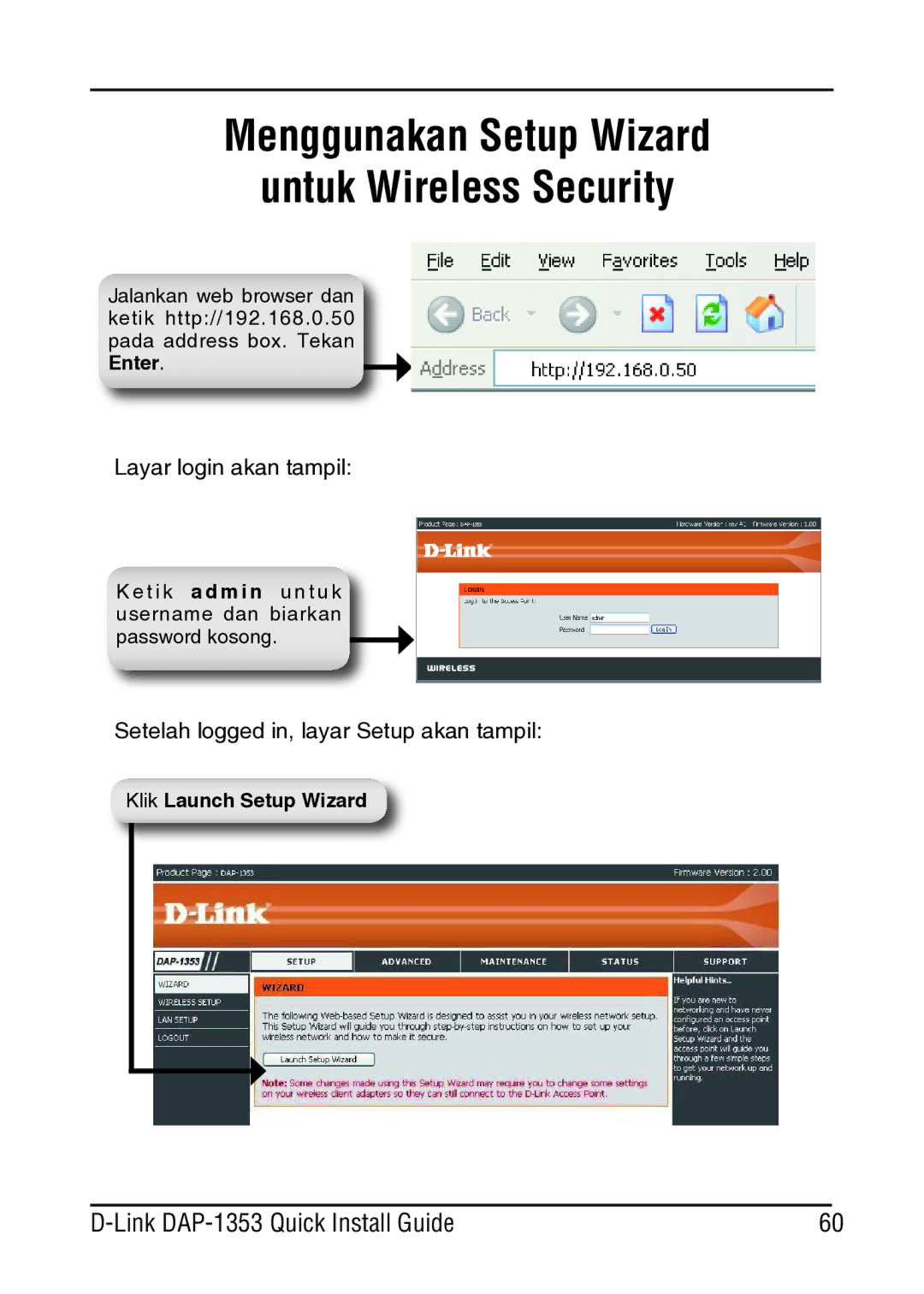 D-Link DAP-1353 manual Menggunakan Setup Wizard Untuk Wireless Security 