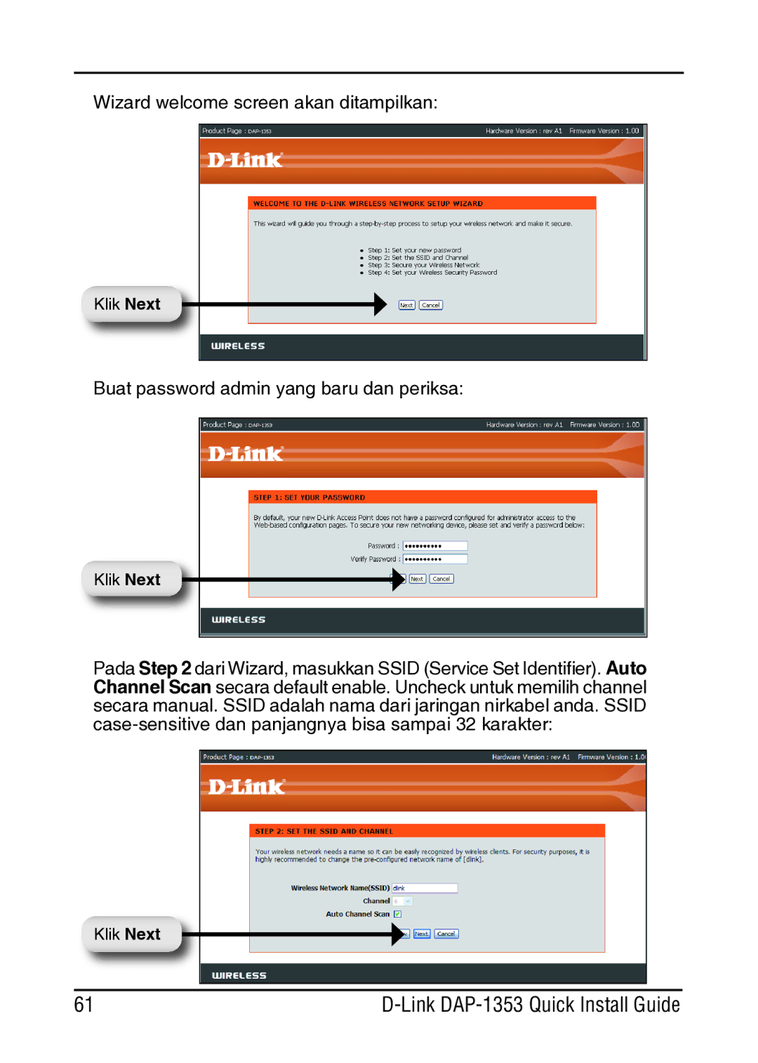 D-Link DAP-1353 manual Wizard welcome screen akan ditampilkan 