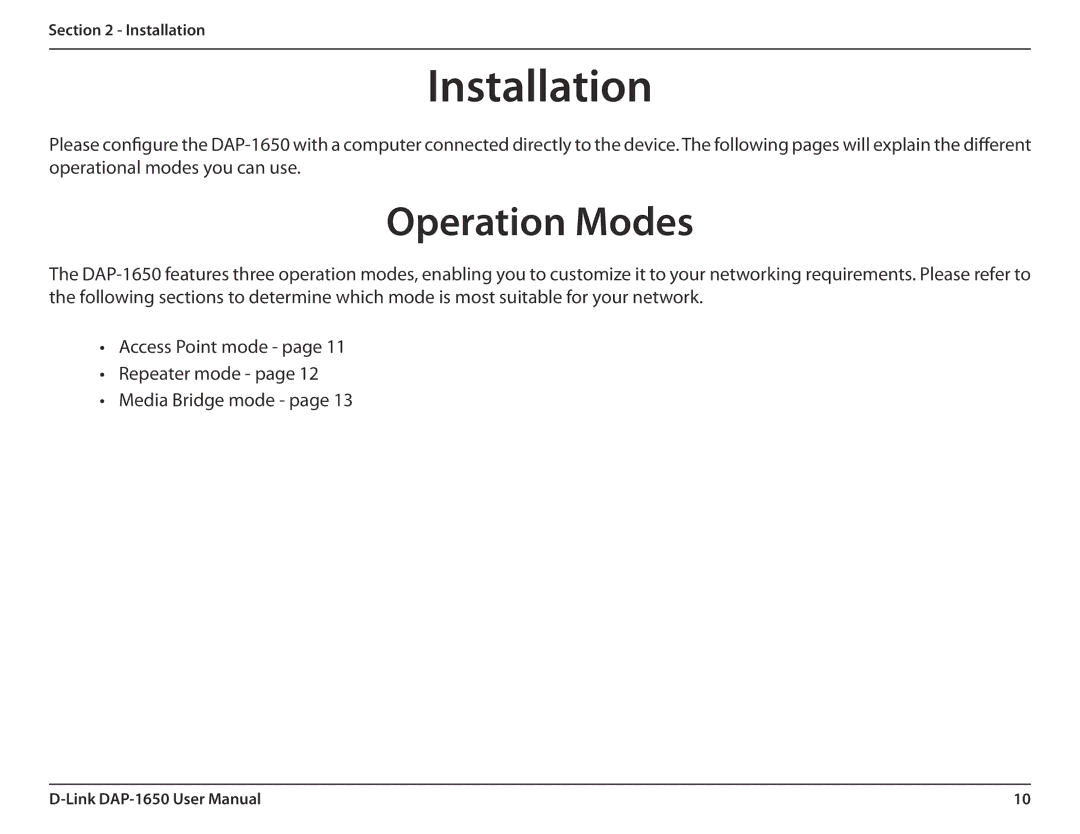 D-Link DAP-1650 user manual Installation, Operation Modes 