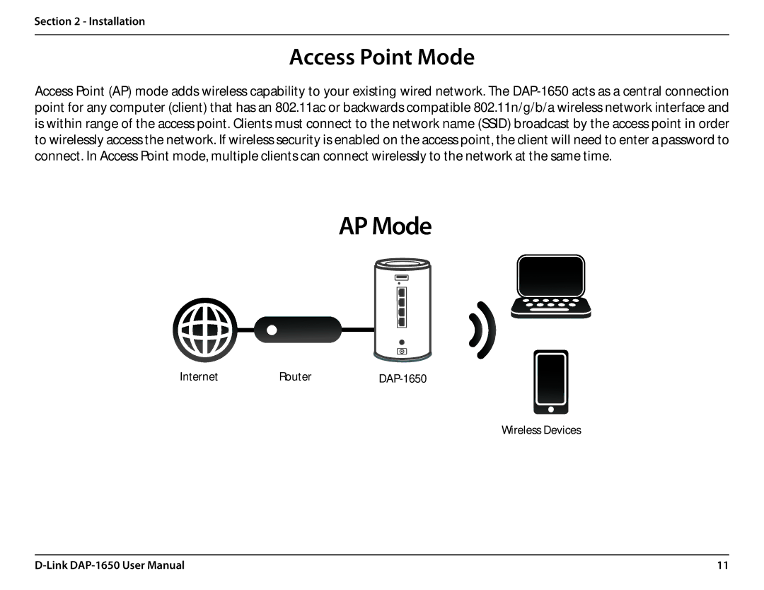 D-Link DAP-1650 user manual AP Mode, Access Point Mode 