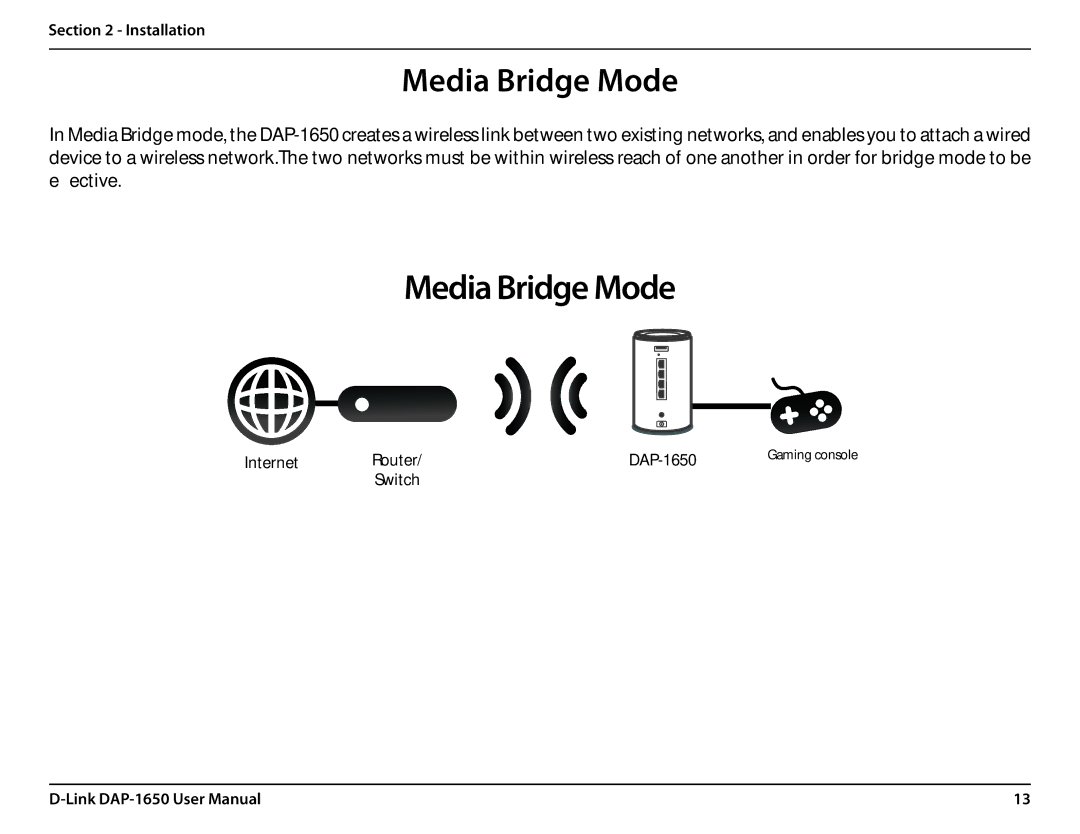 D-Link DAP-1650 user manual Media Bridge Mode 