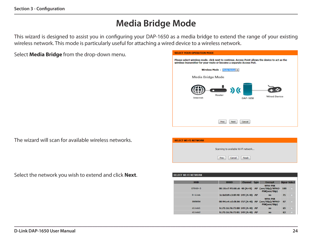 D-Link DAP-1650 user manual Media Bridge Mode 