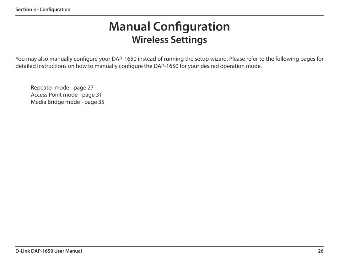 D-Link DAP-1650 user manual Manual Configuration, Wireless Settings 