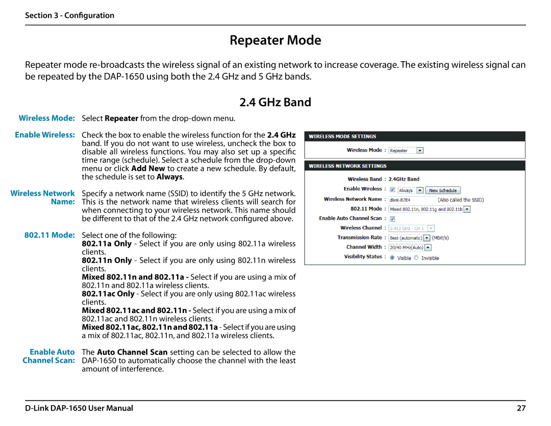 D-Link DAP-1650 user manual Repeater Mode, GHz Band 