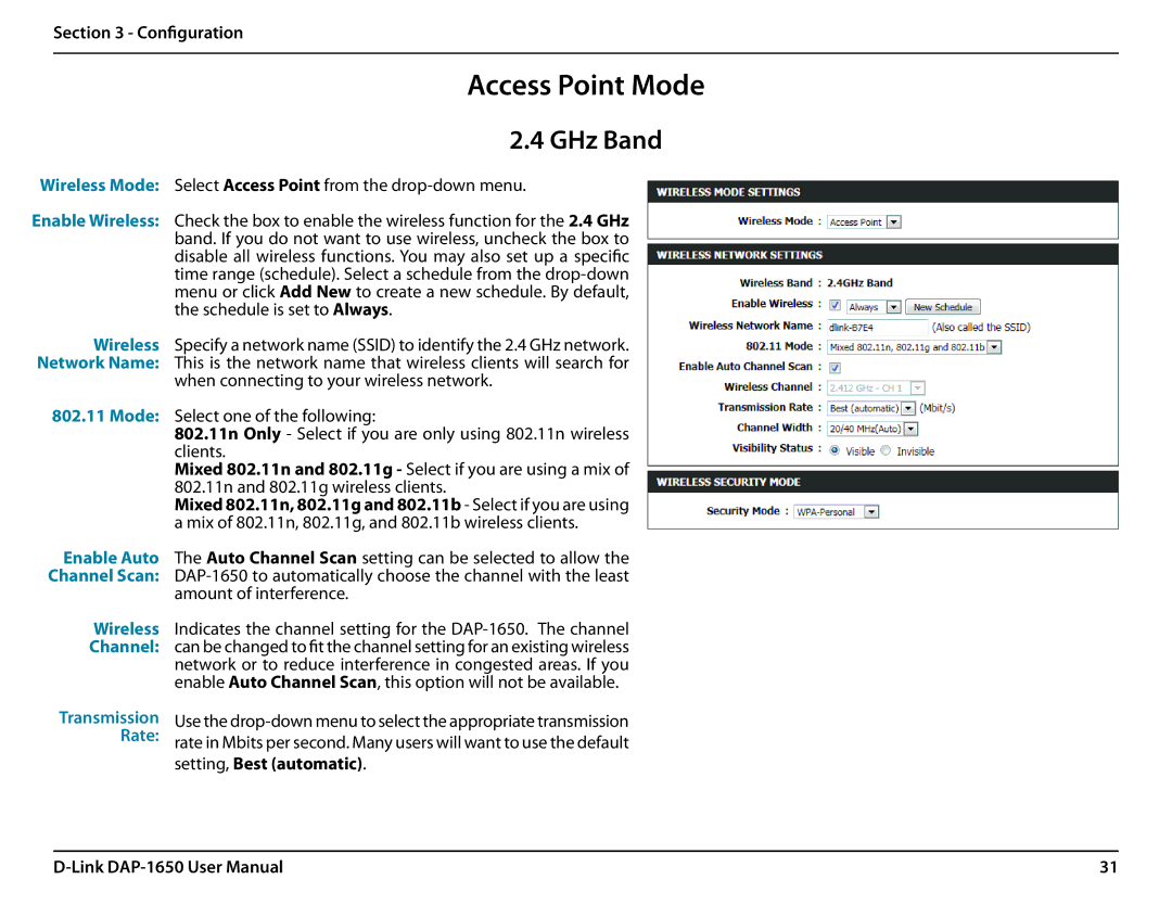 D-Link DAP-1650 user manual Access Point Mode, Enable Auto, Wireless, Rate 