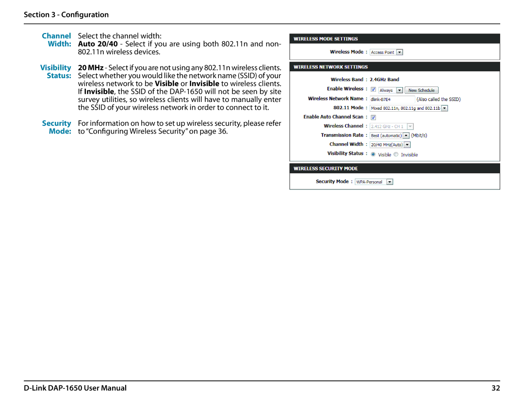 D-Link DAP-1650 user manual Width, Status, Mode 