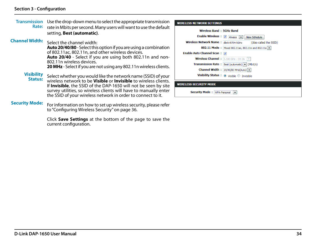 D-Link DAP-1650 user manual Channel Width Visibility Status Security Mode 