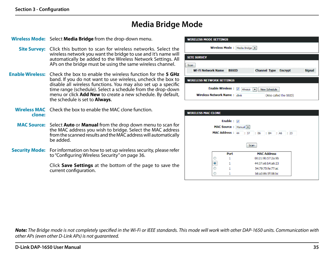 D-Link DAP-1650 user manual Media Bridge Mode, Wireless Mode Select Media Bridge from the drop-down menu 