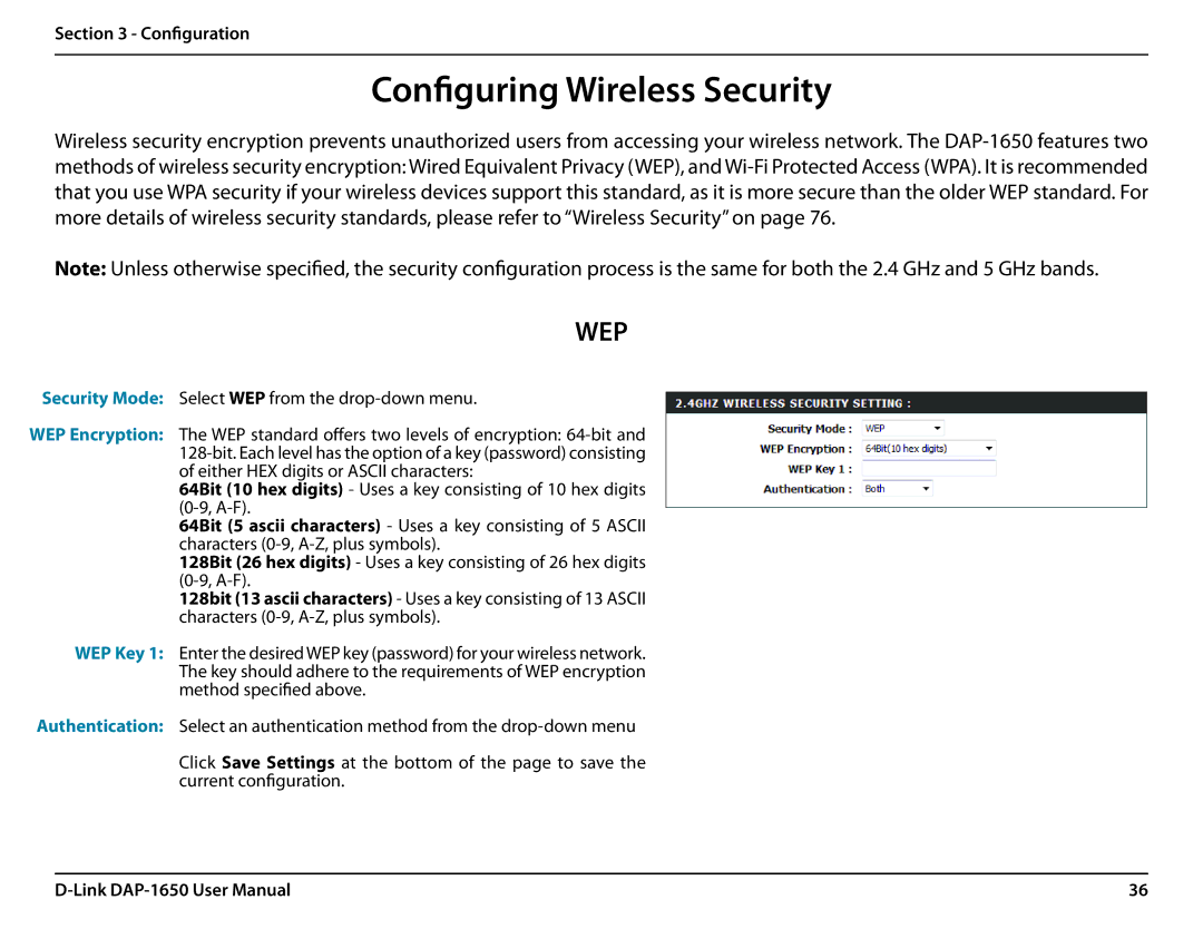 D-Link DAP-1650 user manual Configuring Wireless Security, Wep 