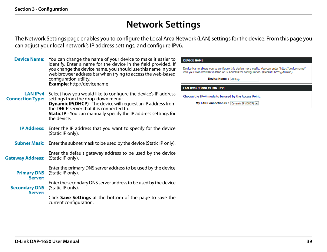 D-Link DAP-1650 user manual Network Settings 