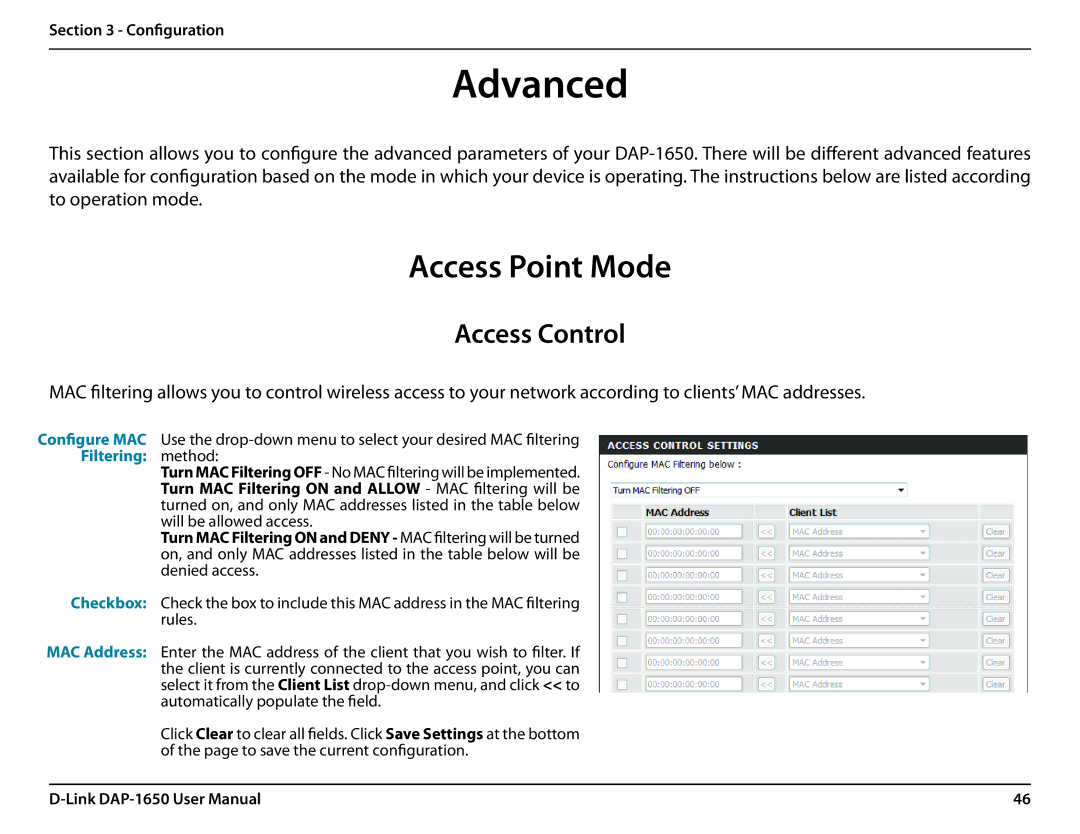 D-Link DAP-1650 user manual Advanced, Access Control 