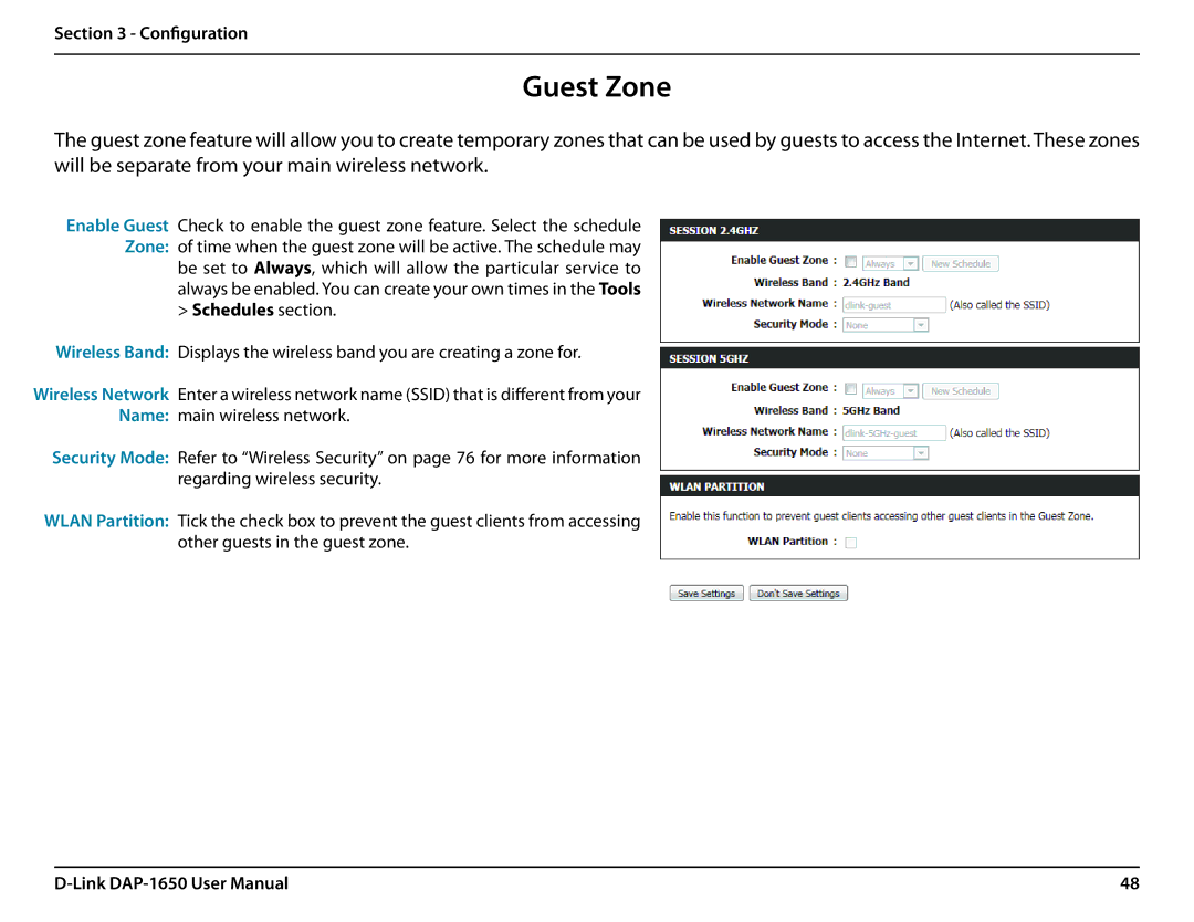 D-Link DAP-1650 user manual Guest Zone, Schedules section 