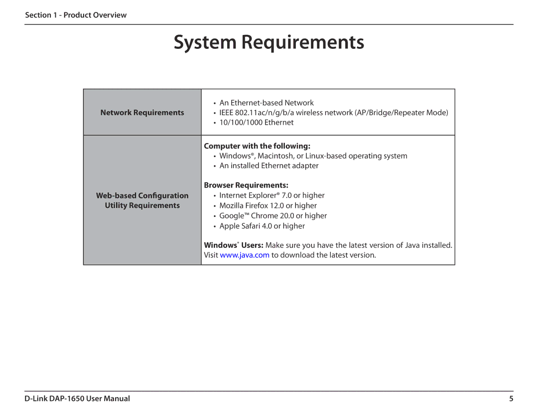 D-Link DAP-1650 user manual System Requirements, Network Requirements 