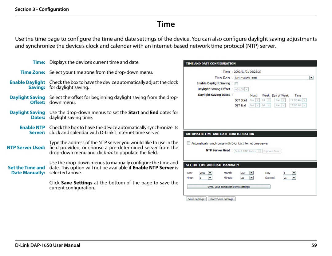 D-Link DAP-1650 user manual Time, Date Manually selected above 