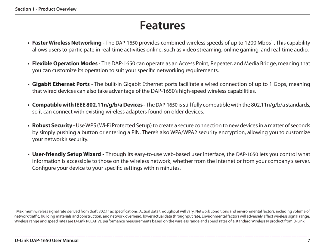 D-Link DAP-1650 user manual Features 