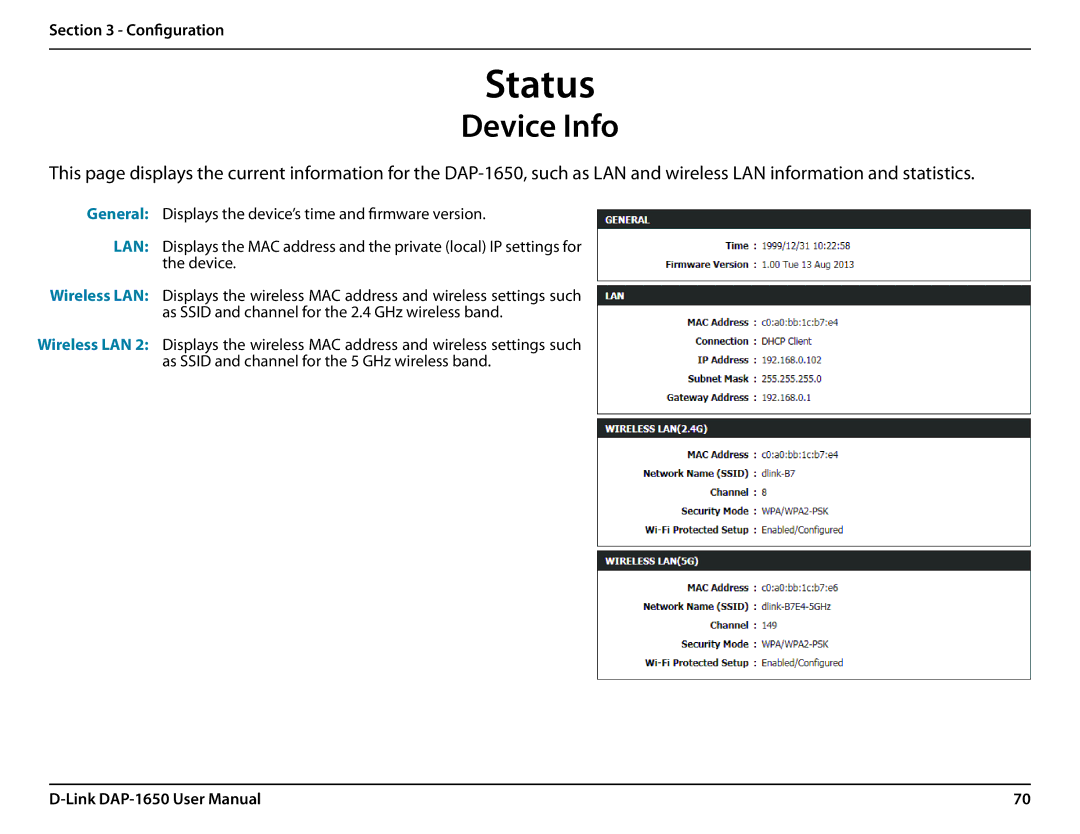 D-Link DAP-1650 user manual Status, Device Info 