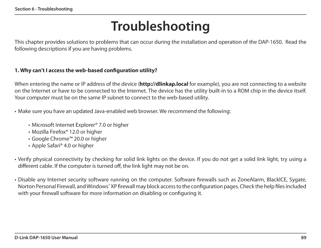 D-Link DAP-1650 user manual Troubleshooting, Why can’t I access the web-based configuration utility? 