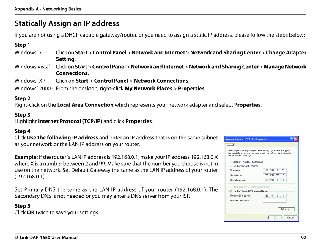 D-Link DAP-1650 user manual Statically Assign an IP address, Step 