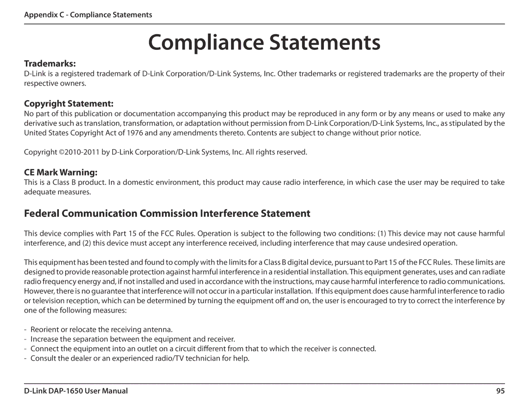 D-Link DAP-1650 user manual Compliance Statements, Trademarks 