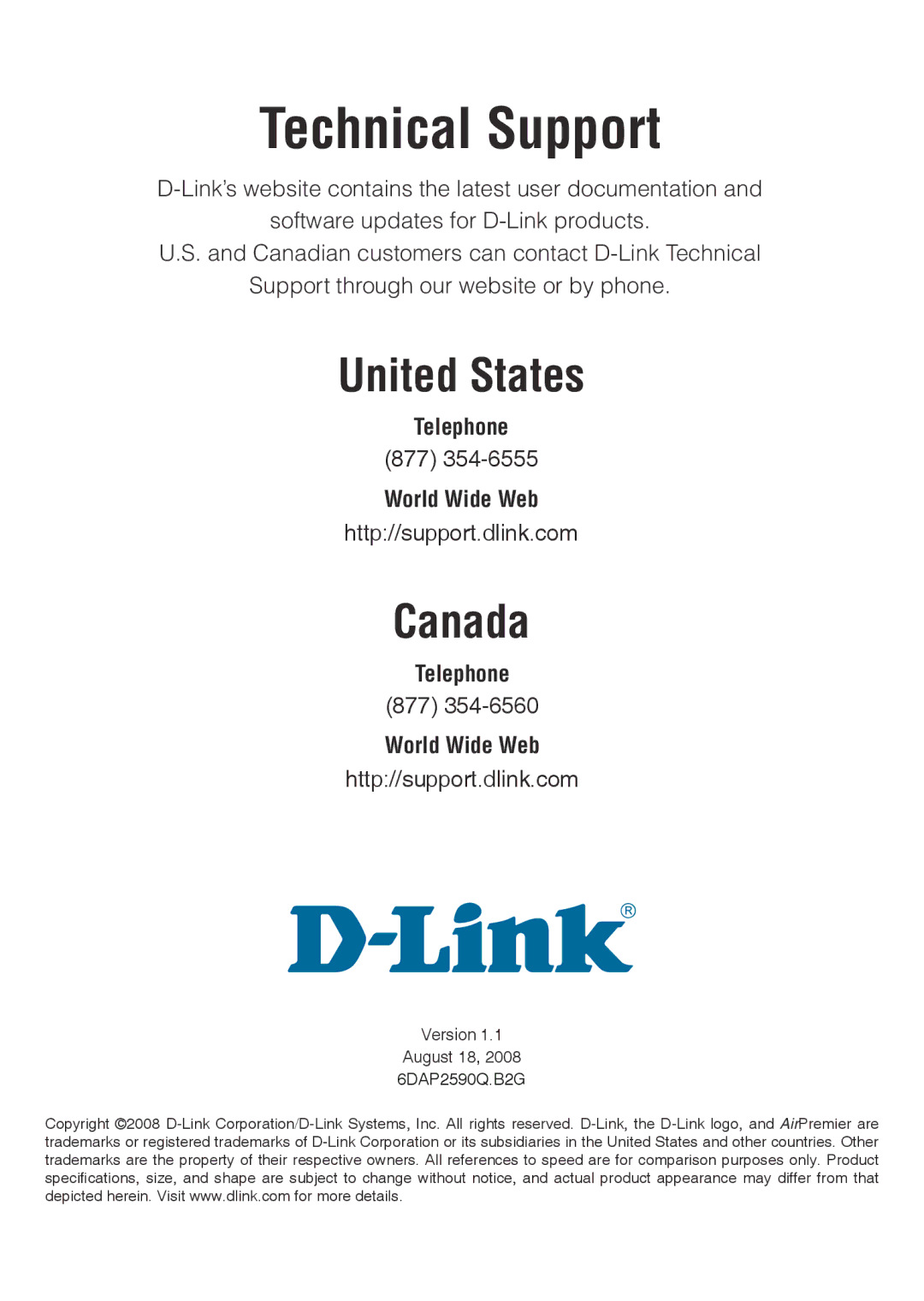 D-Link DAP-2590 manual Technical Support 