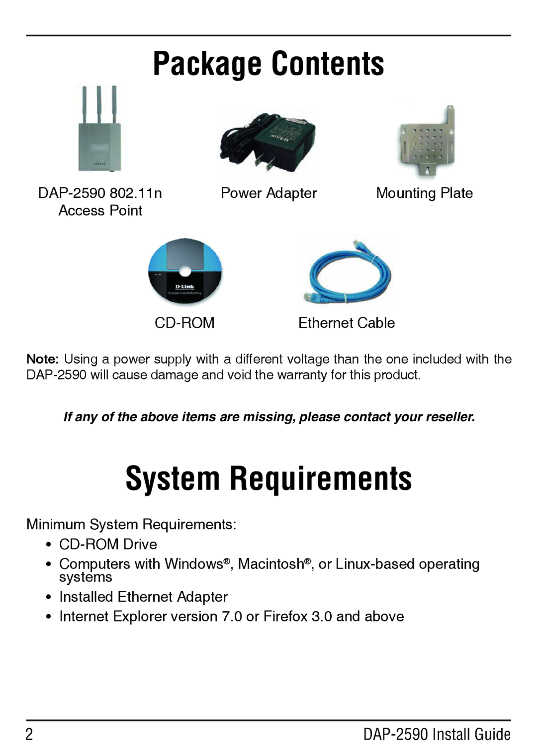 D-Link DAP-2590 manual Package Contents, System Requirements 