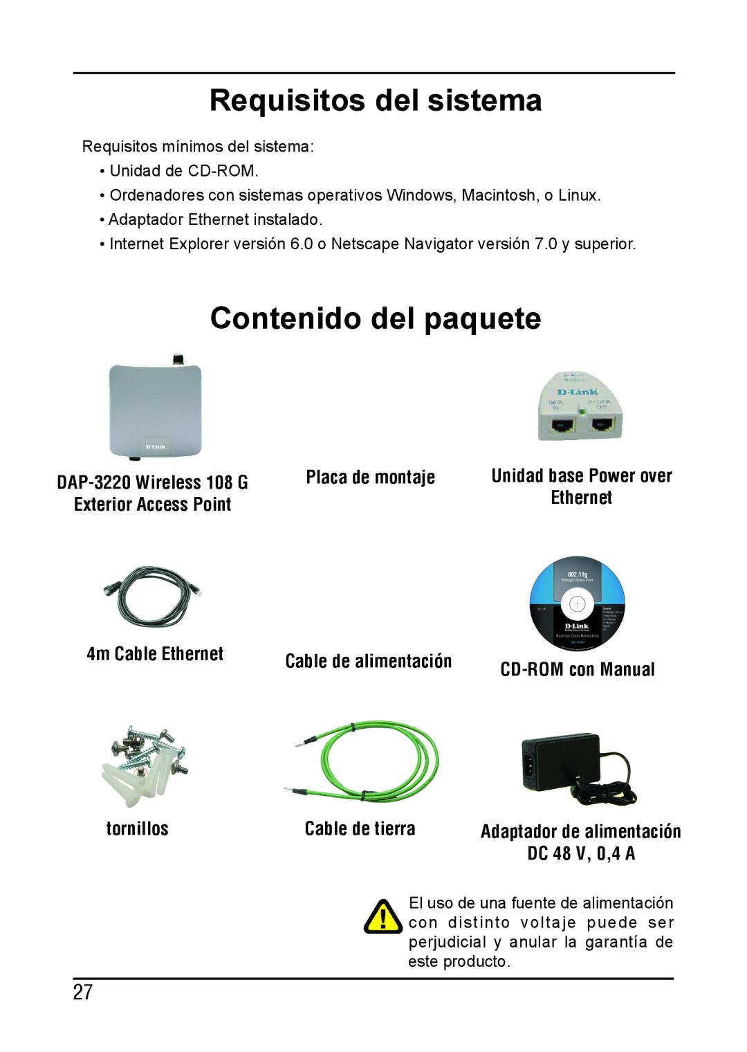 D-Link DAP-3220 manual Requisitos del sistema, Contenido del paquete 