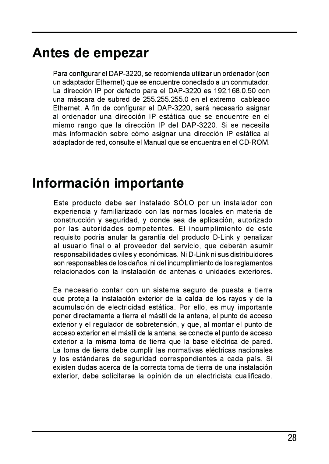 D-Link DAP-3220 manual Antes de empezar, Información importante 