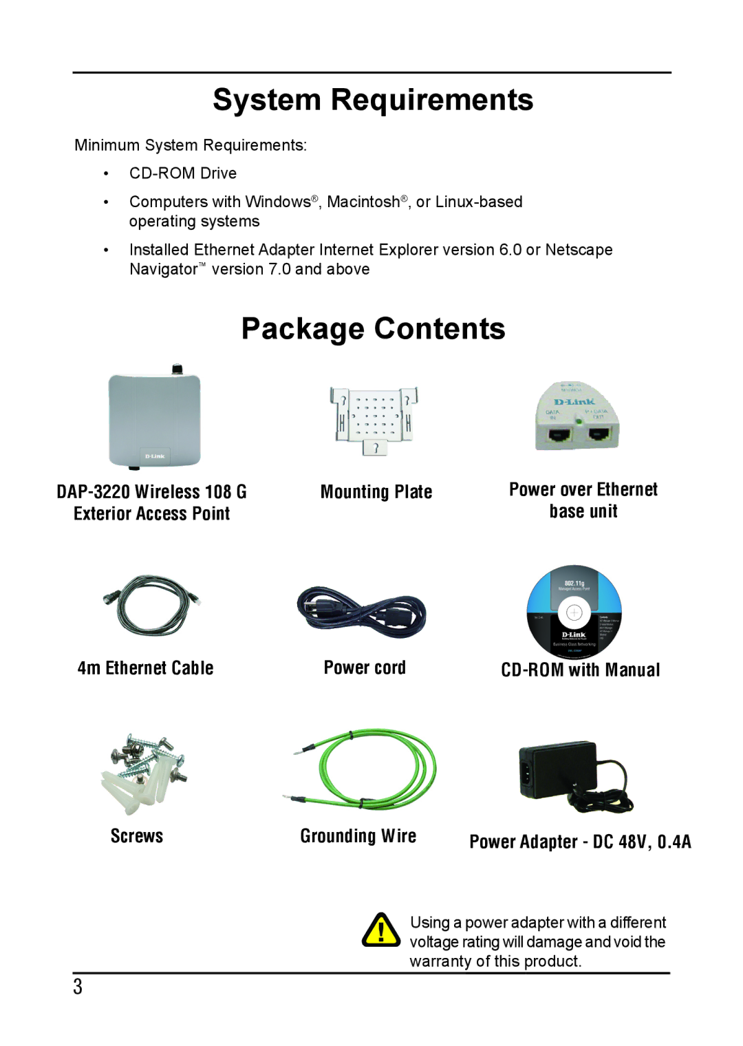 D-Link DAP-3220 manual System Requirements, Package Contents 