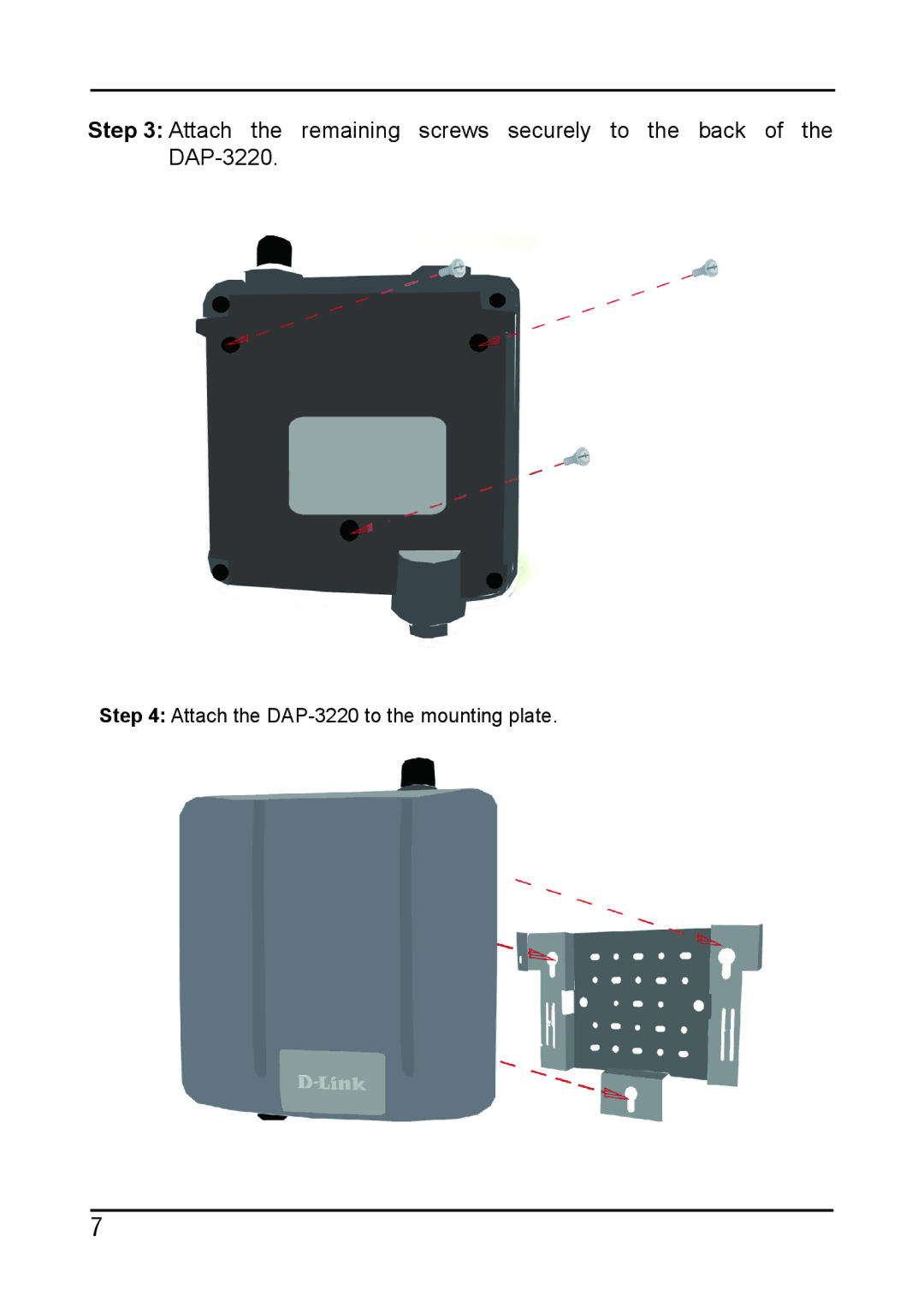 D-Link manual Attach the DAP-3220 to the mounting plate 