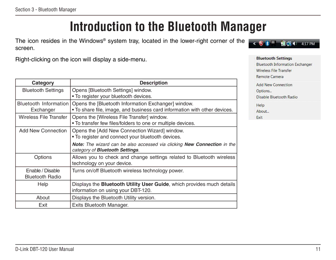 D-Link dbt-120 manual Introduction to the Bluetooth Manager 