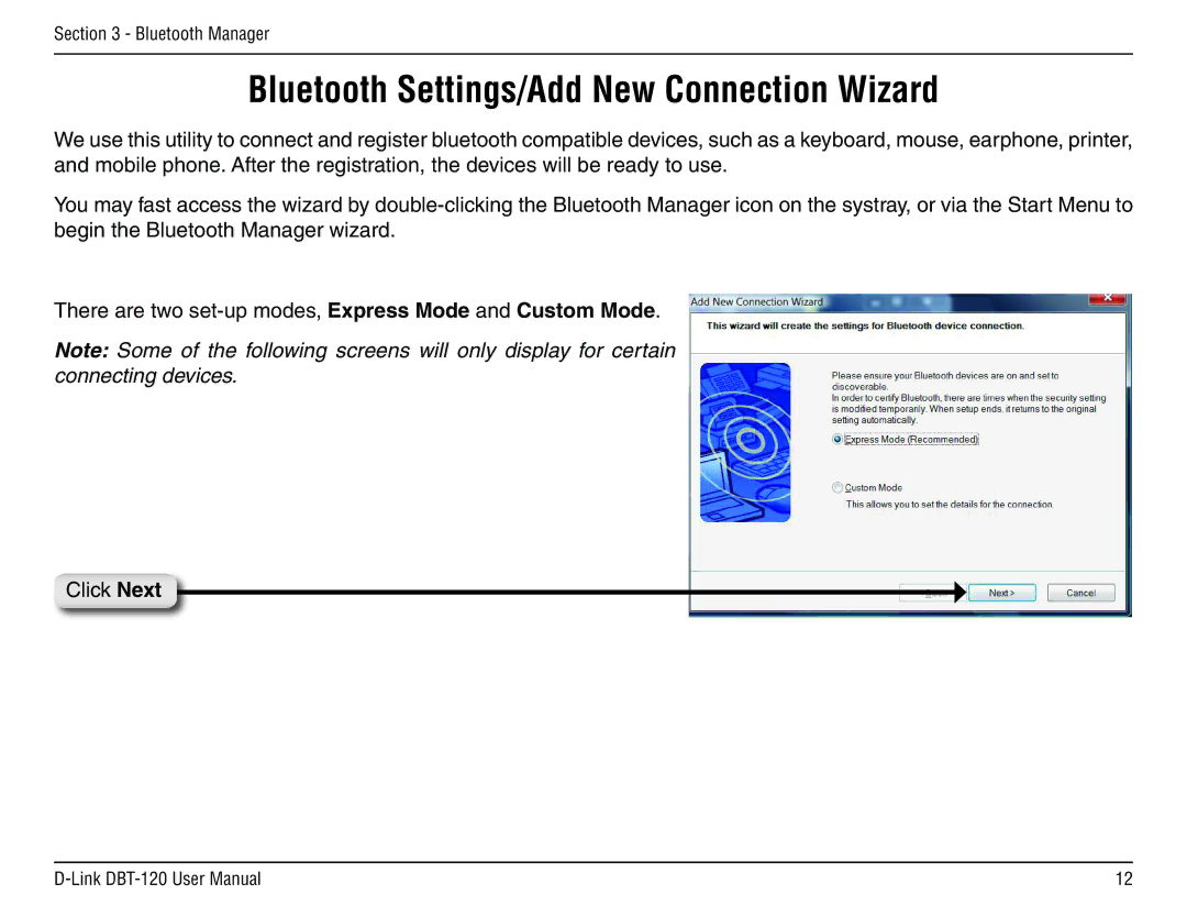 D-Link dbt-120 manual Bluetooth Settings/Add New Connection Wizard 