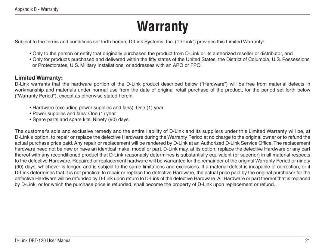 D-Link dbt-120 manual Limited Warranty 