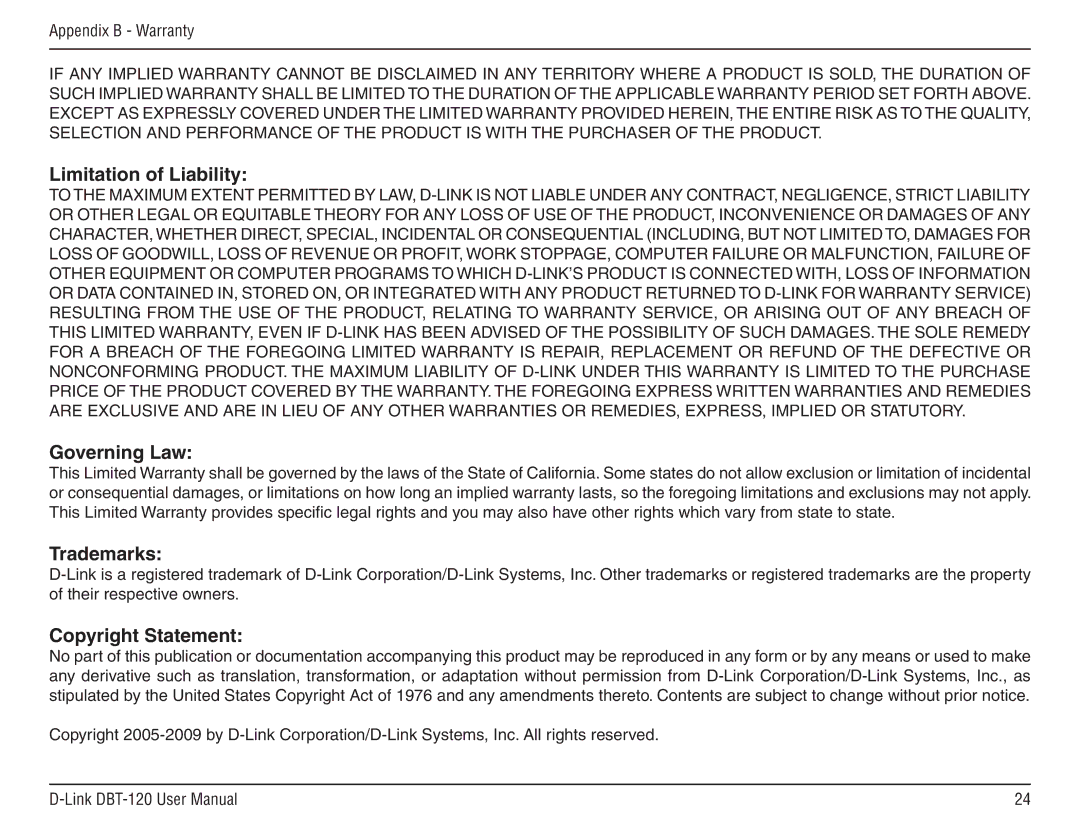 D-Link dbt-120 manual Limitation of Liability, Governing Law, Trademarks, Copyright Statement 