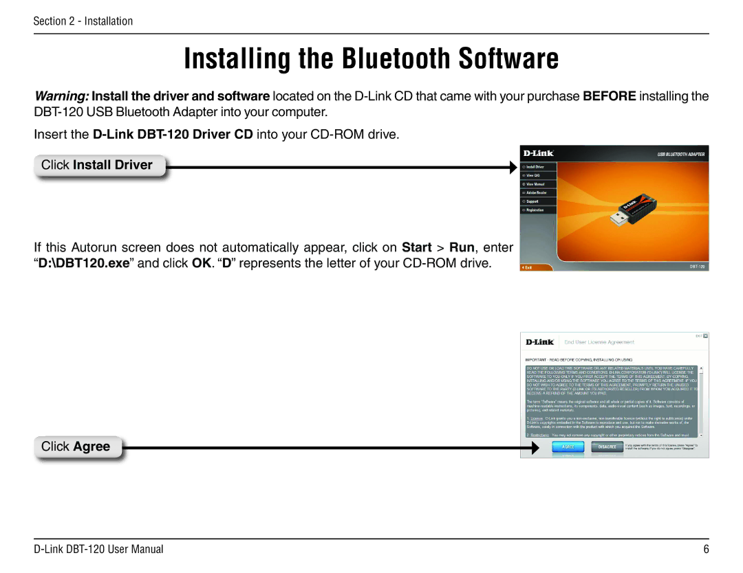 D-Link dbt-120 manual Installing the Bluetooth Software, Click Install Driver 